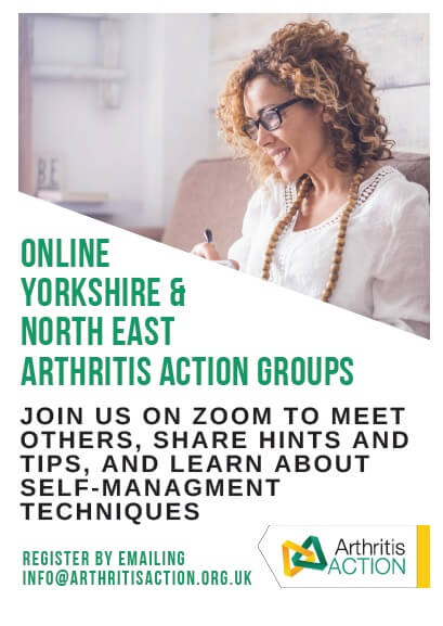 Poster advertising online Yorkshire and North Easr arthritis action group. It has their logo on and a picture of a lady looking at a computer screen smiling.