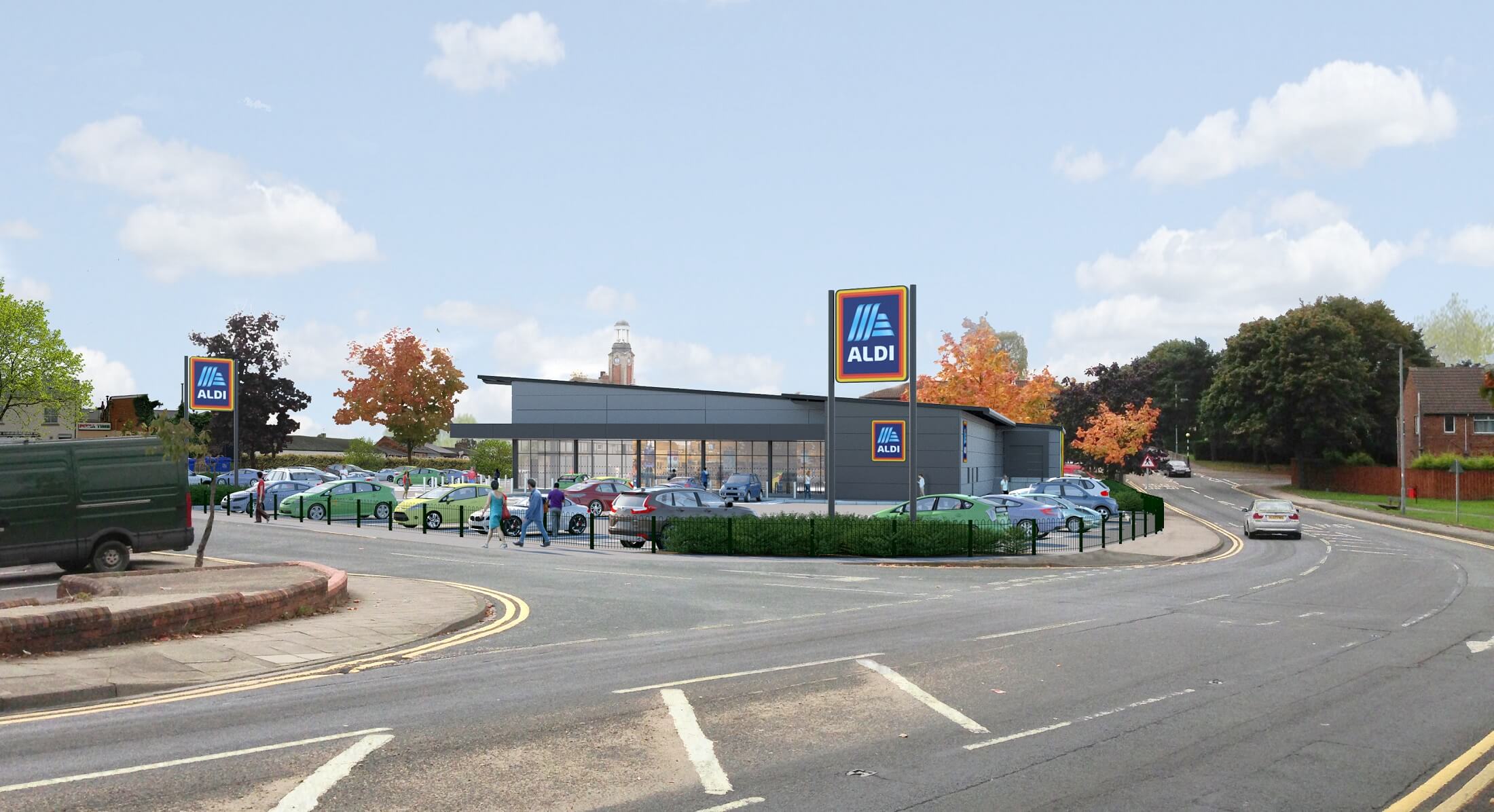 Image of how the new aldi store will look. It is the view from Oxford road and includes the new look store and car park. 