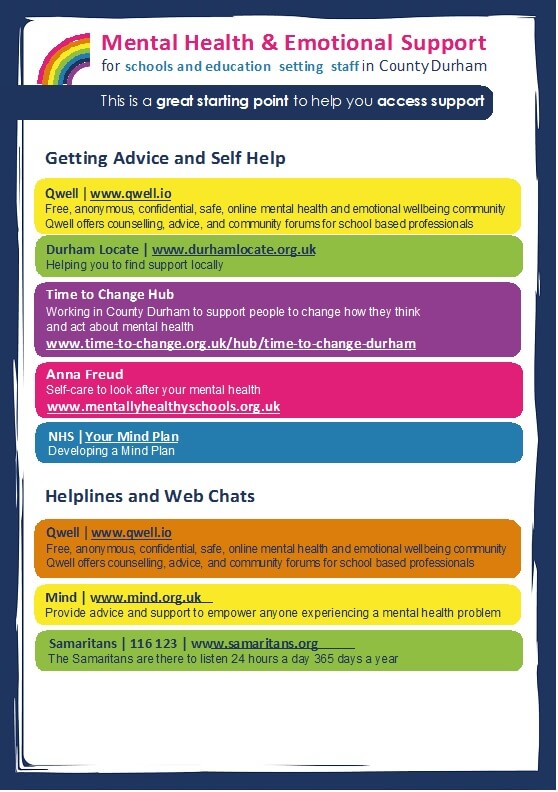 Leaflet signposting to various help and advice for mental health and emotional support