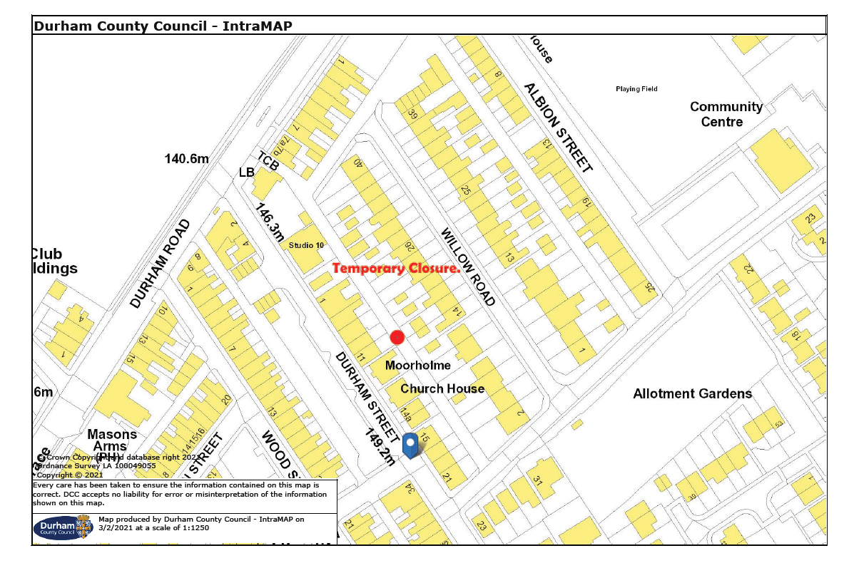 Map showing the area around Durham Street, Middlestone Moor and where the closure is