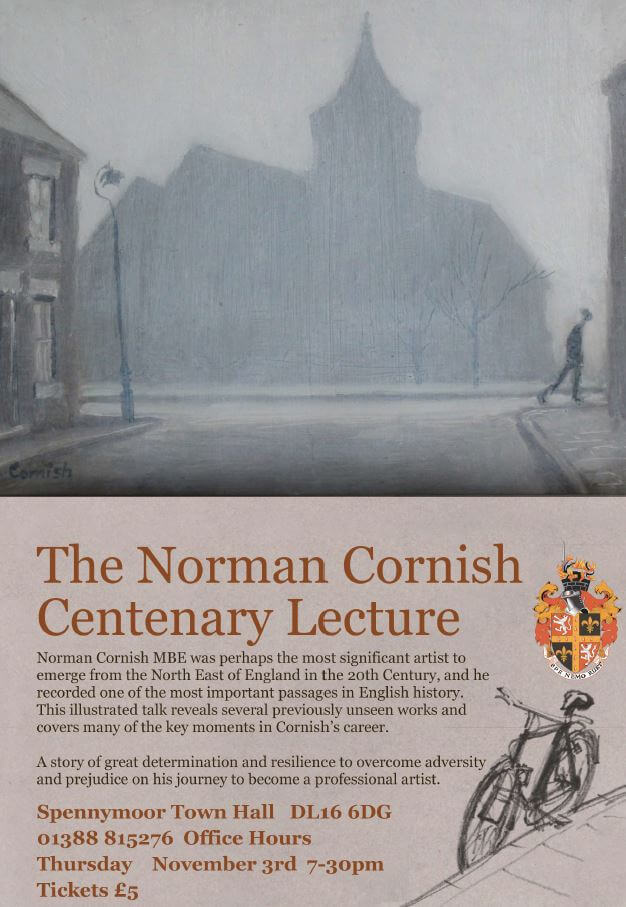 Image of advertising the Cornish Centenary Lecture 1919-2019, held in Spennymoor Town Hall, from 7:30pm